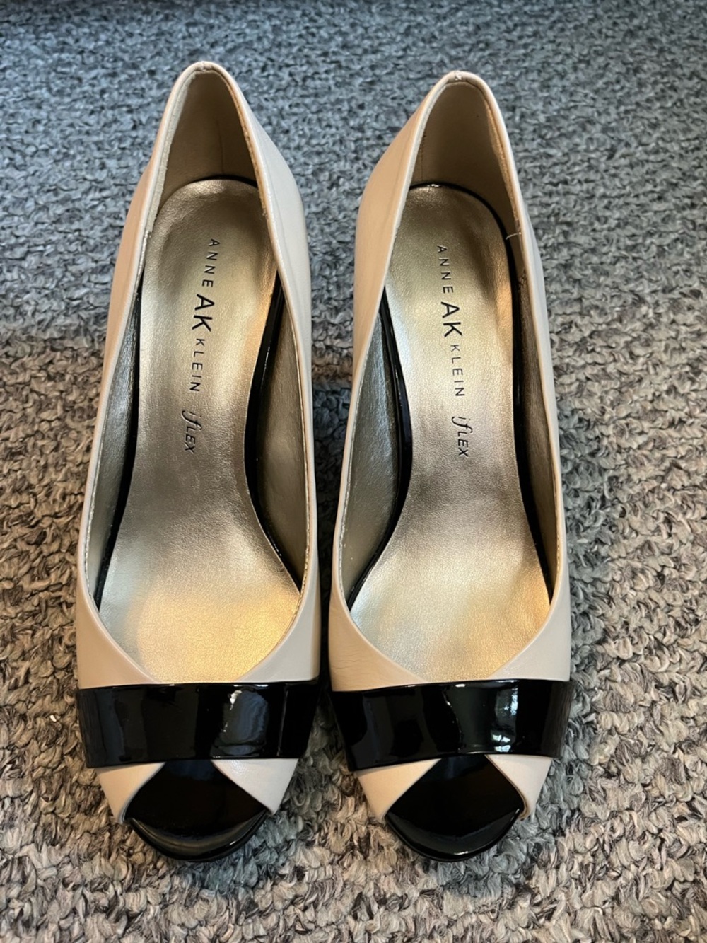 Anne Klein Two-Tone Beige and Black Peep-Toe Pumps